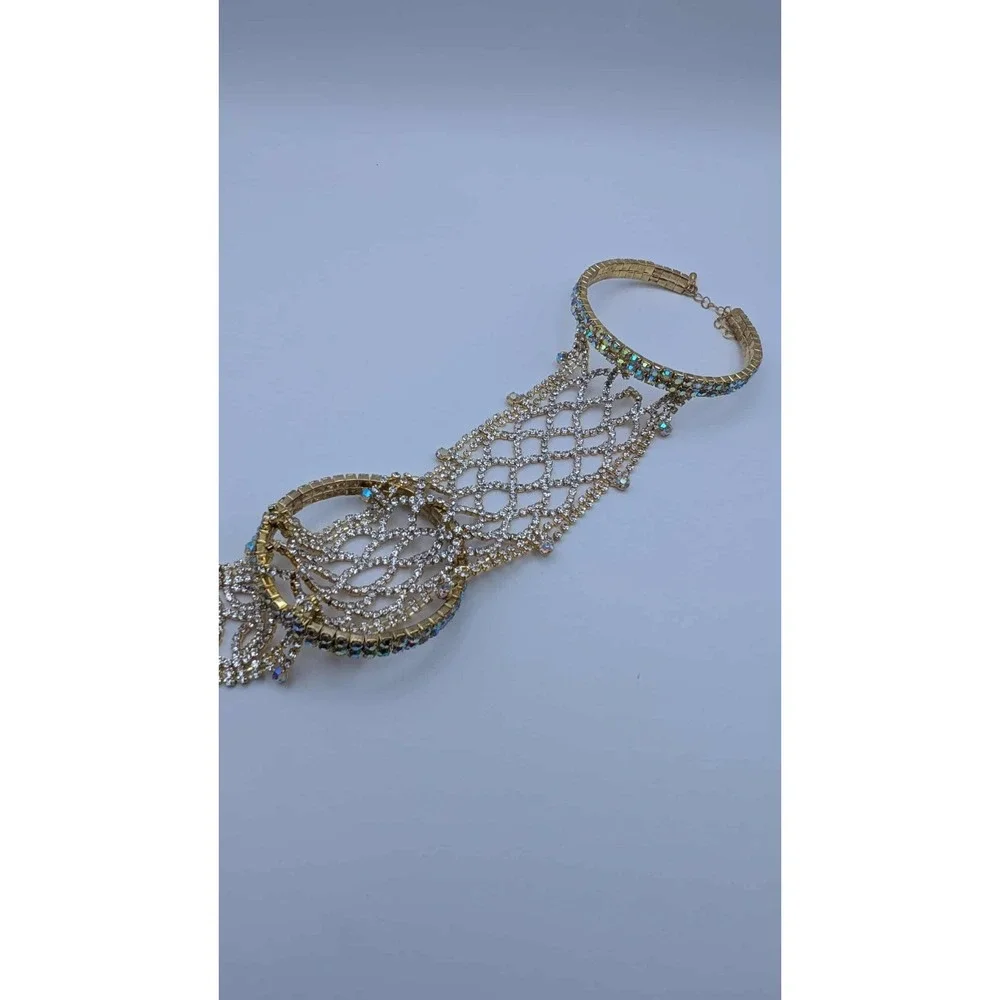 Adjustable Gold Toned‎ Ring To Cuff Bracelet With Rainbow Stone Accents